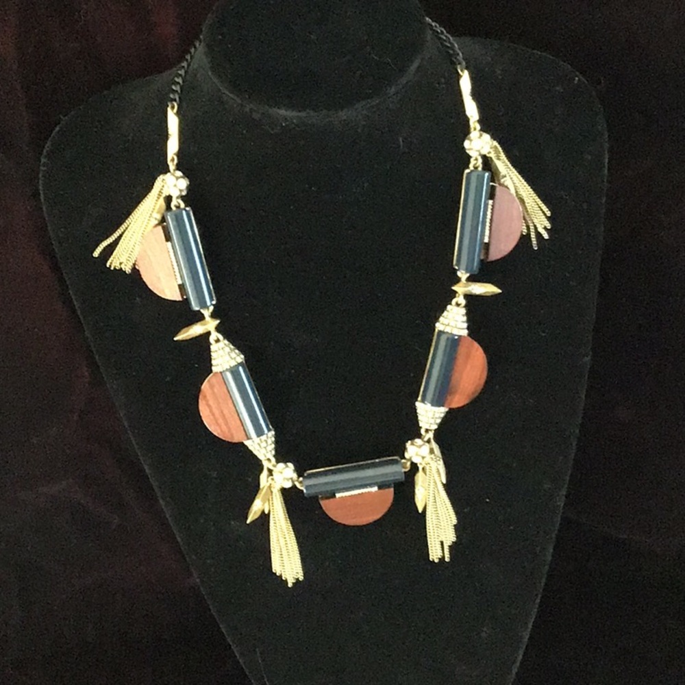 J. Crew Gold and Blue Tassel Necklace With Chain and Rhinestone Accents